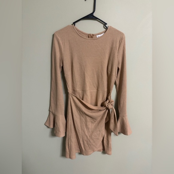 Hello Mello You For Me Long Sleeve Tan Casual Dress Size Large Waffle Knit New - Picture 3 of 8
